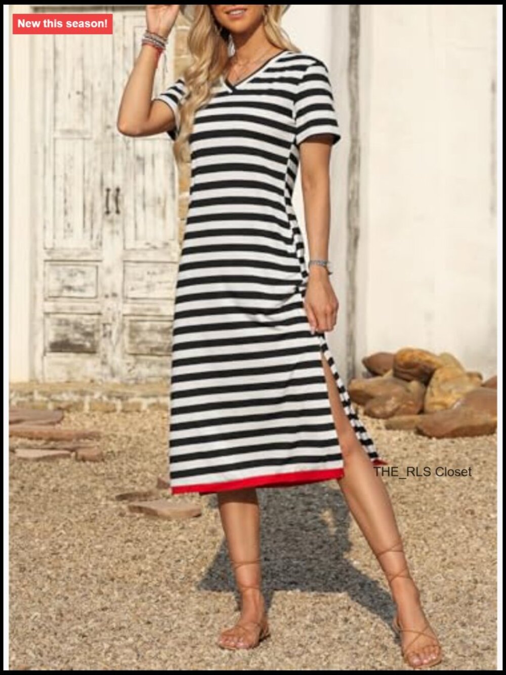 Short Sleeve Maxi Dress with Side Split and Striped Design - Picture 3 of 7